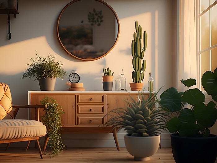 Rendering image of an entry wall tab le with cacti and a brown rim round mirror with sunset light beaming in. 